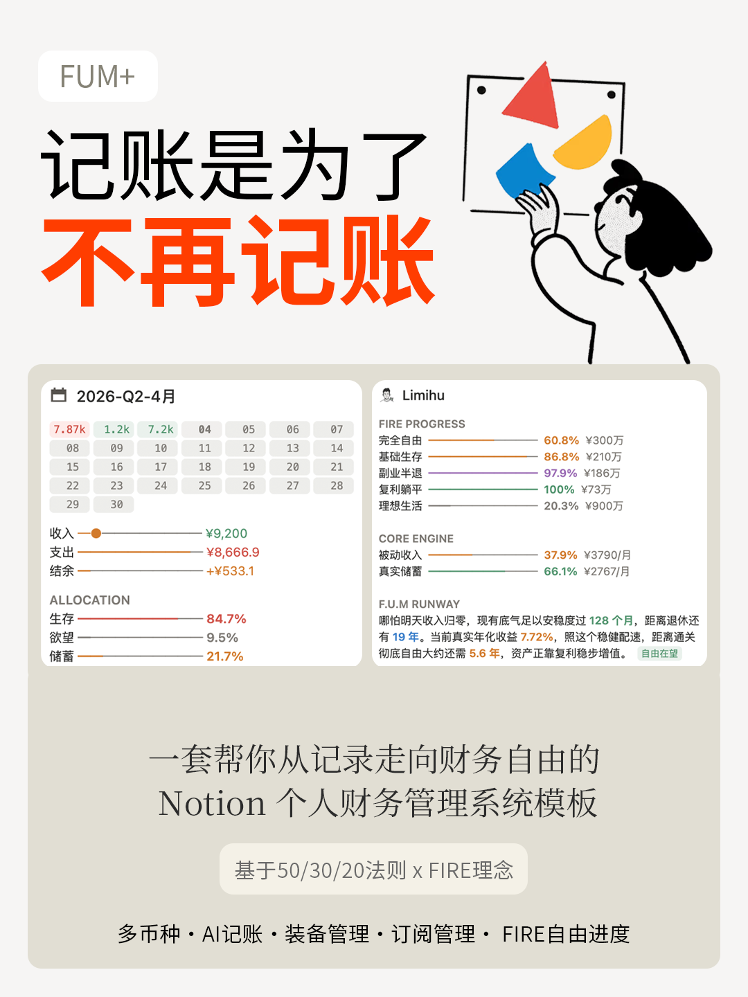 Notion多币种记账模板 FUM+个人财务管理系统快捷指令AI记账 50/30/20法则×FIRE运动